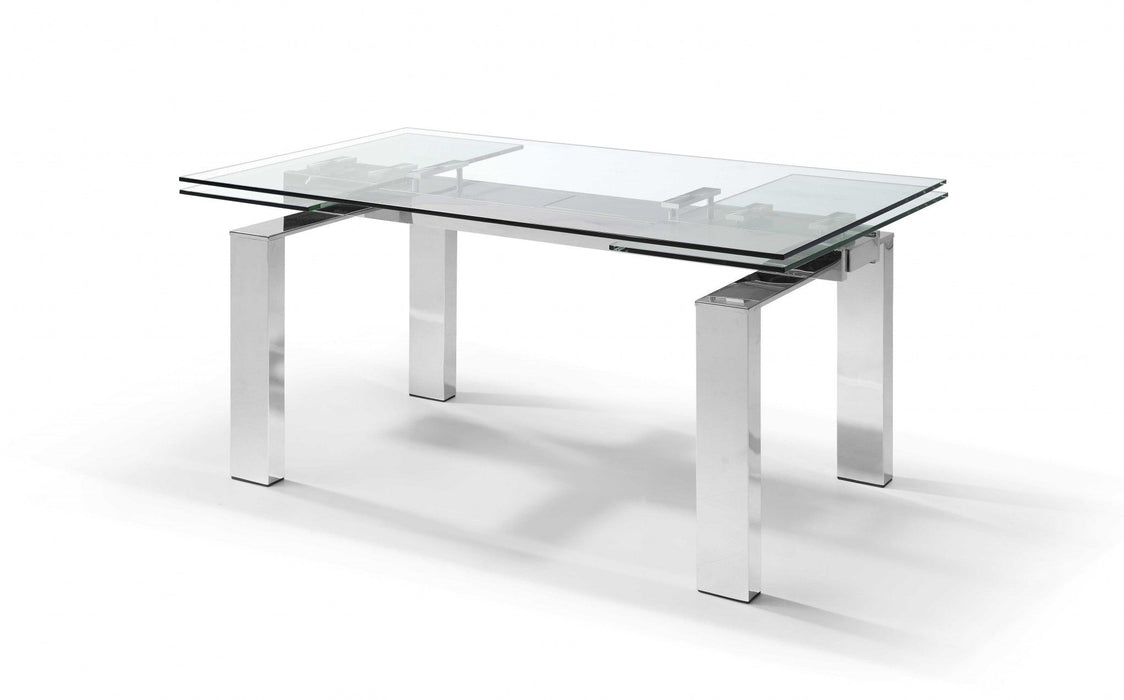 63" Glass And Stainless Steel Self-Storing Leaf Dining Table - Clear