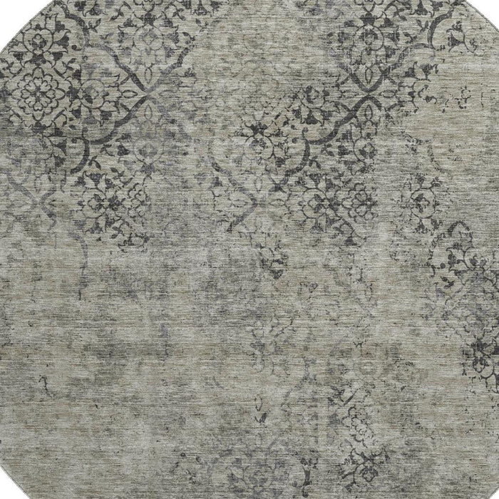 8' Khaki Abstract Washable Round Rug With UV Protection - Taupe