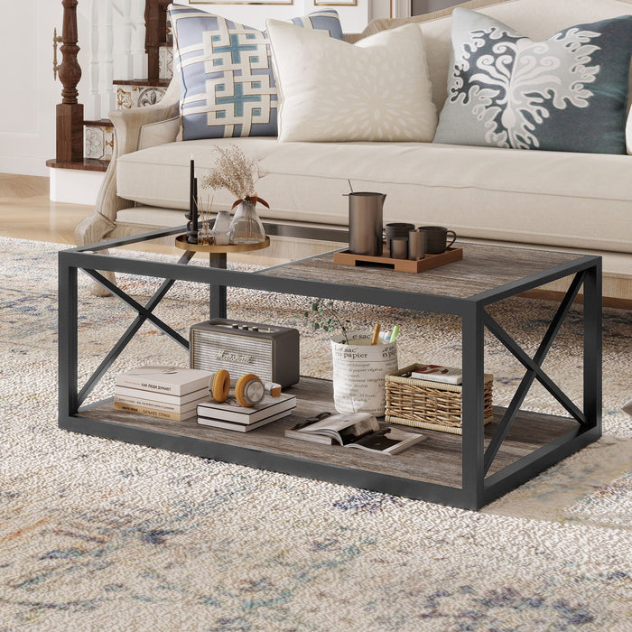 Giga industrial style coffee table with tempered glass top and wood grain finish, suitable for bedroom or living room.