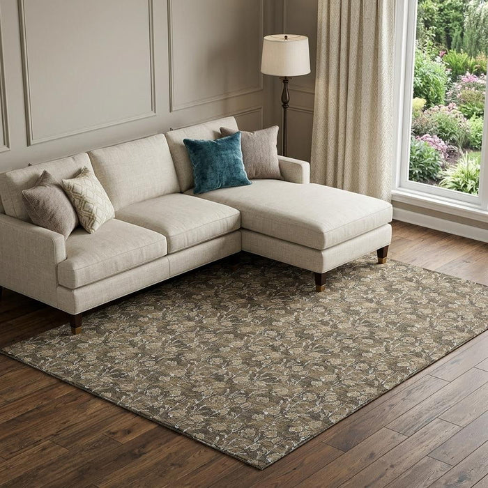 9' X 12' Floral Washable Area Rug With UV Protection (656435) - Brown / Ivory