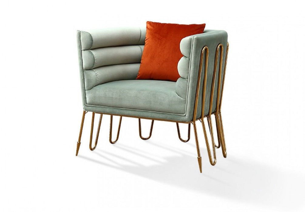 Tubular Velvet And Gold Lounge Chair - Light Green