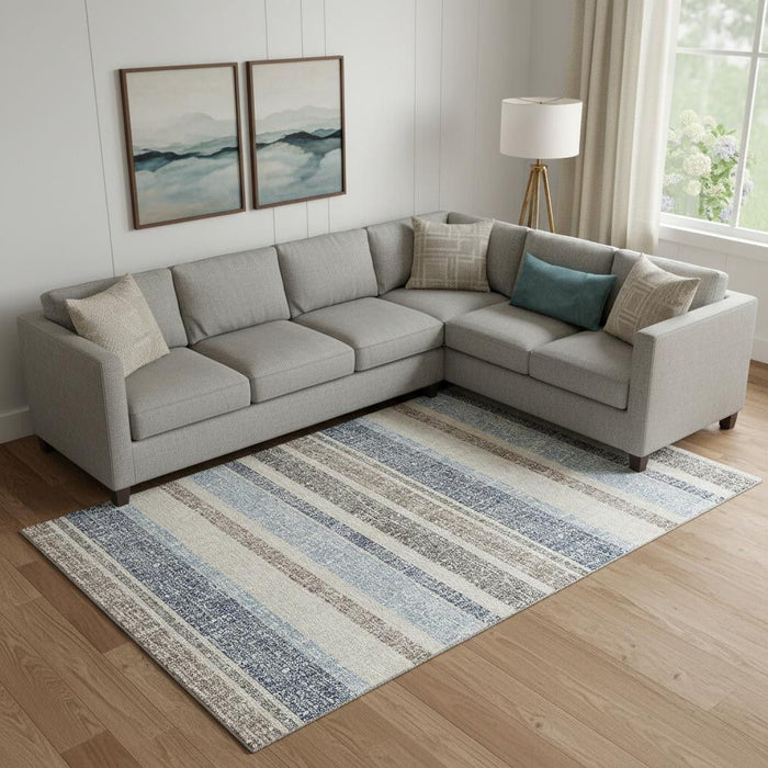 10' X 14' Striped Washable Area Rug With UV Protection (718617) - Navy Blue / Beige
