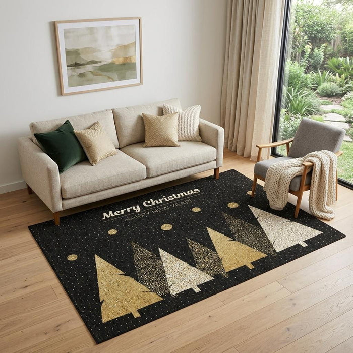 5' X 8' Christmas Tree Washable Area Rug With UV Protection (646465) - Black / Gold / Ivory