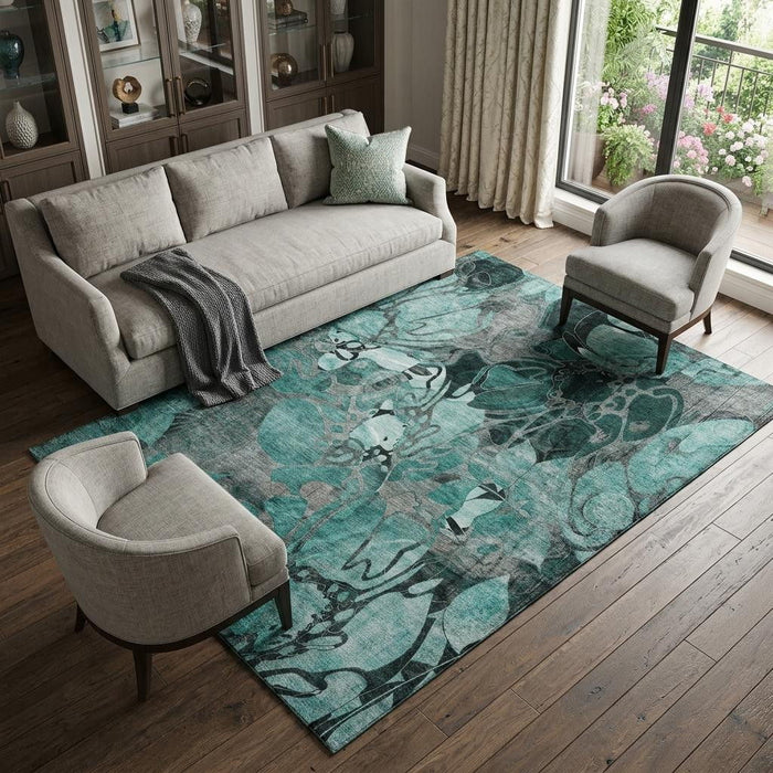 9' X 12' Abstract Distressed Washable Area Rug With UV Protection (649005) - Teal / Gray