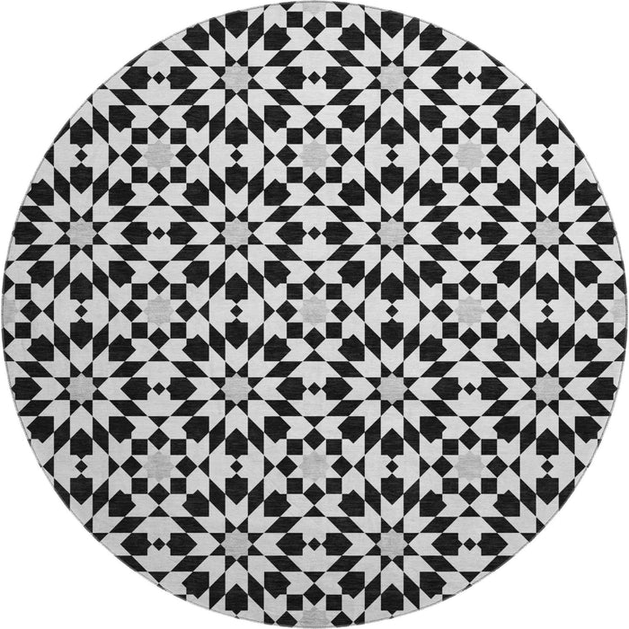 8' Geometric Washable Round Rug With UV Protection - Black And Silver