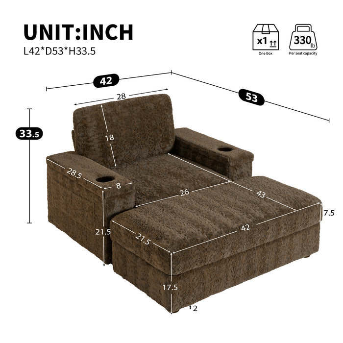 Giga oversized stationary chaise lounge with rabbit fur upholstery, storage ottoman, armrests, cup holders, and deep seat for indoor use.
