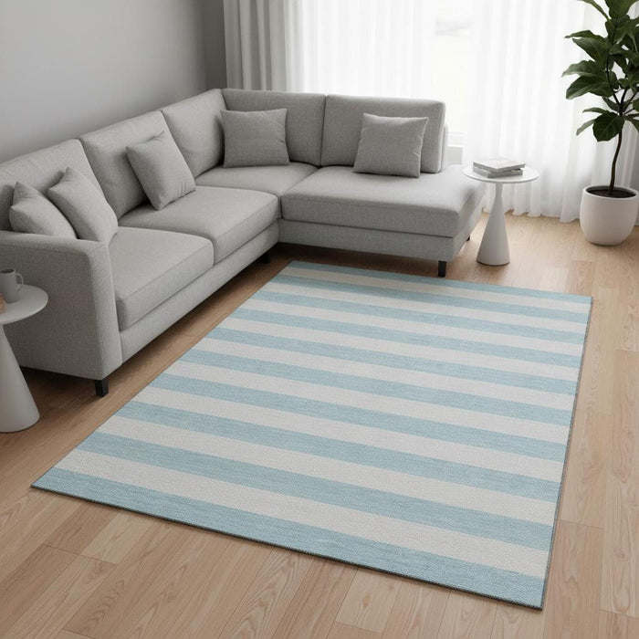 8' X 10' Striped Washable Area Rug With UV Protection (647660) - Sky Blue / Ivory