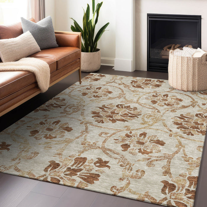 10' X 14' Floral Washable Area Rug With UV Protection - Terra Cotta And Beige