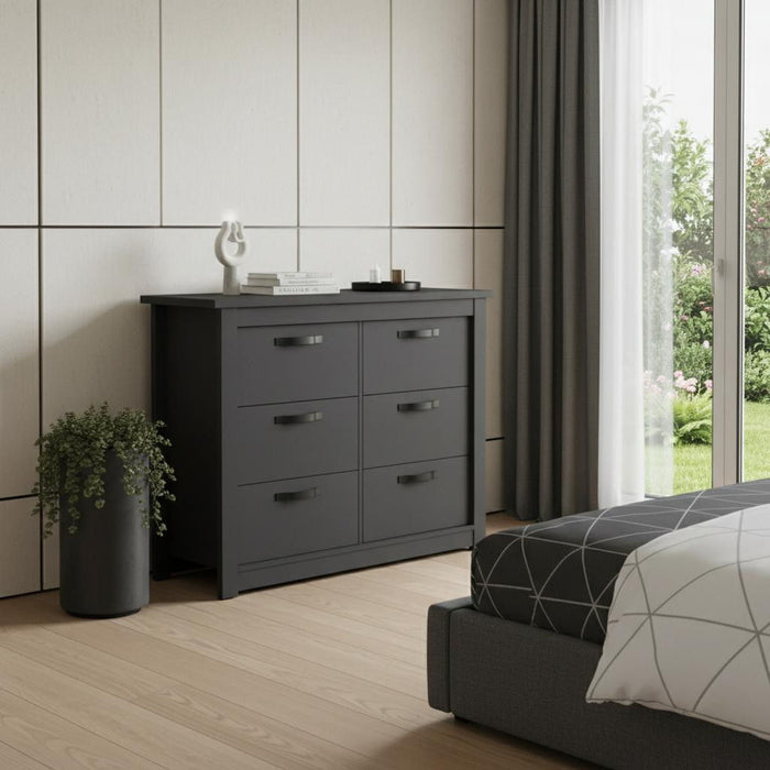 Wood Six Drawer Double Dresser For Bedroom - Black