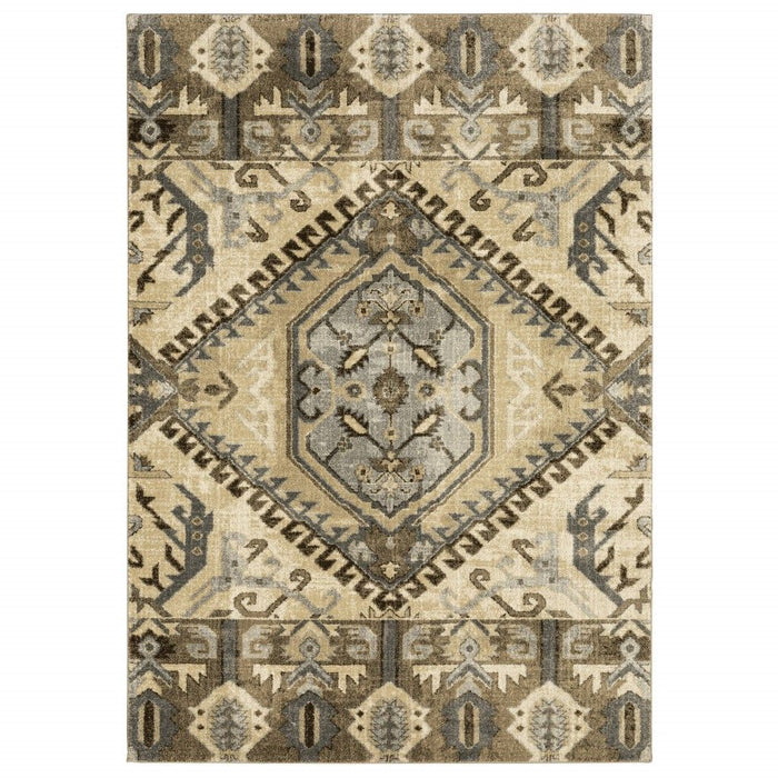 8' x 11' Central Medallion Indoor Area Rug - Tan And Gold