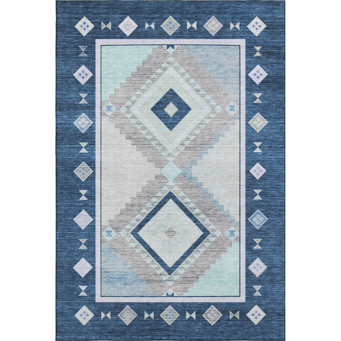 12' X 9' Southwest Geometric Washable Area Rug With UV Protection - Blue And Ivory