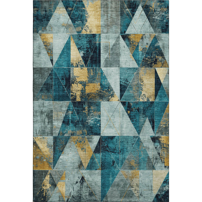 10' X 14' Geometric Washable Area Rug With UV Protection (707005) - Teal / Gold