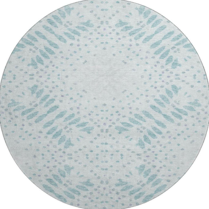 8' Floral Washable Round Rug With UV Protection - Teal / Ivory