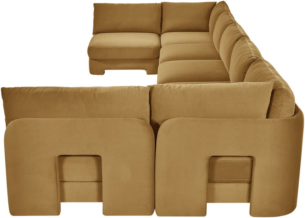 Meridian Furniture Velvet Performance Fabric U-shaped sectional with armless design, featuring plush cushions and a modern stationary style.