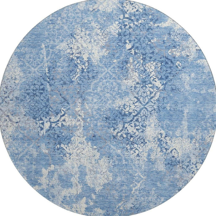8' Abstract Washable Round Polyester Rug With UV Protection - Blue And Ivory