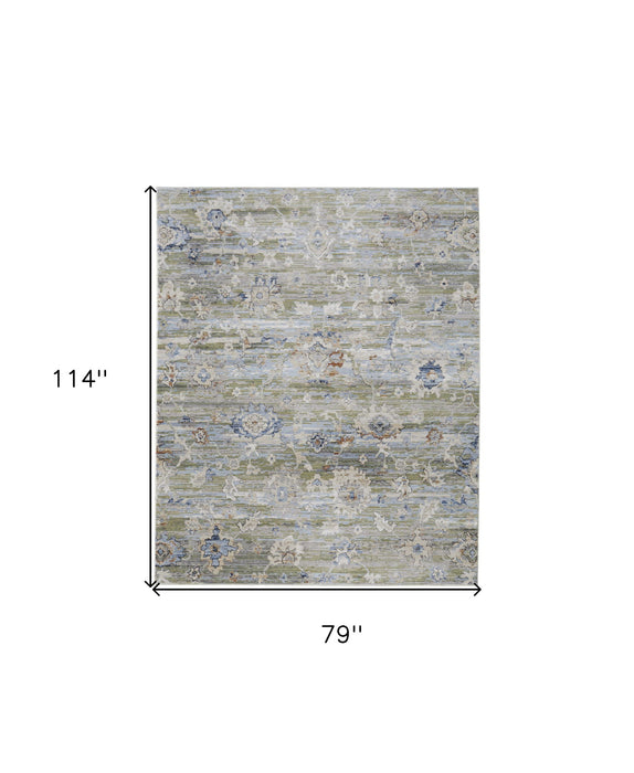 7' x 10' Floral Power Loom Worn Faded Area Rug - Ivory Green And Blue