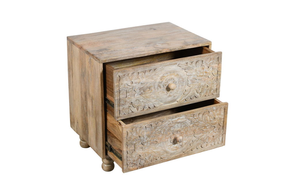 24" Two Drawer Distressed Carved Floral Solid Wood Nightstand - Natural