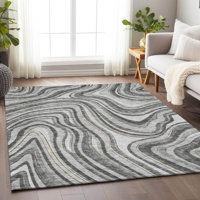 10' X 14' Marble Washable Area Rug With UV Protection - Gray And Ivory