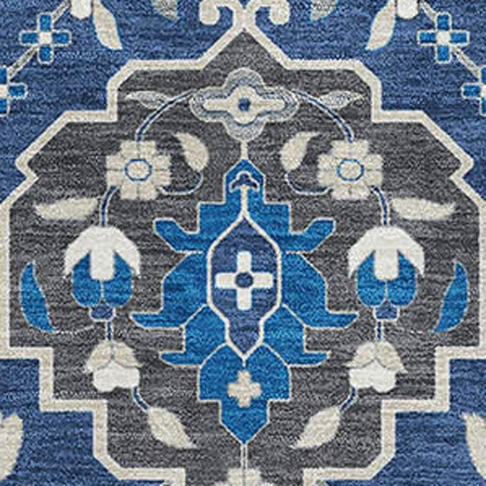 10' X 14' Damask Washable Area Rug With UV Protection (680565) - Navy Blue / Ivory / Charcoal