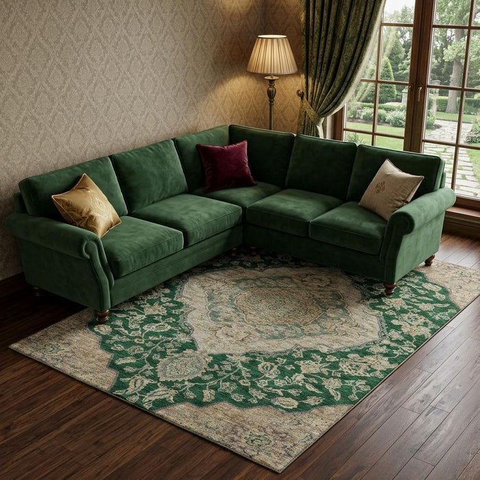 10' X 14' Floral Medallion Washable Area Rug With UV Protection (686897) - Emerald / Beige / Taupe