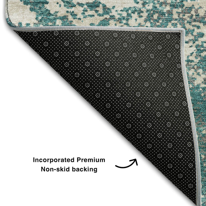 10' X 14' Abstract Washable Area Rug With UV Protection (680675) - Teal / Ivory