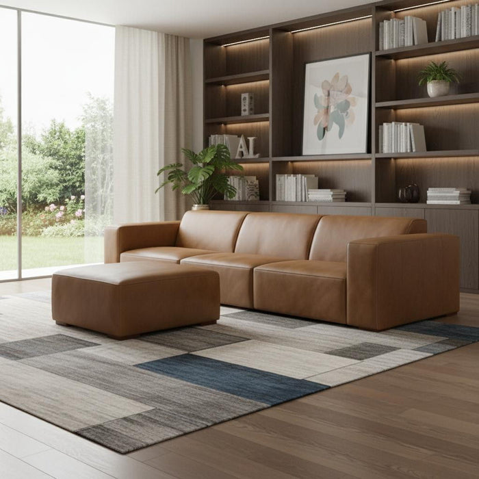 122" 2 Piece Living Room Set Leather Sofa With Ottoman - Brown