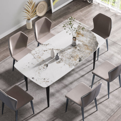 Giga Pandora white modern dining table with curved black metal legs and antique white artificial stone tabletop, 70.87 inches long.