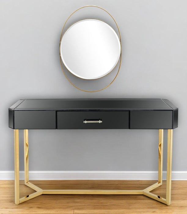 Mirrored Glass Frame Console Table And Drawers - Black And Gold