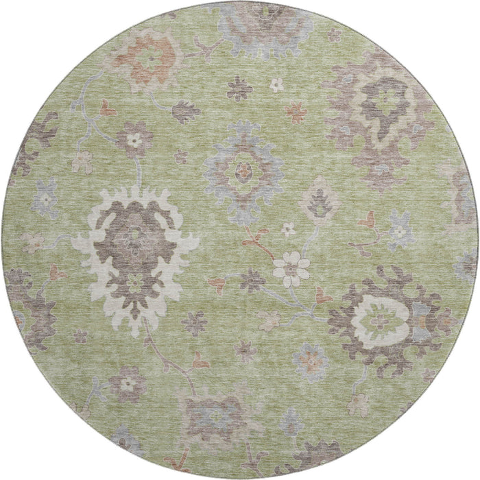8' Floral Medallion Washable Round Rug With UV Protection - Artichoke Green
