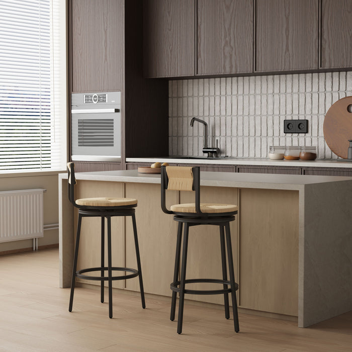 Set of 2 Giga swivel bar stools with metal frames and hand-woven paper rope seats, designed for kitchen counters and dining areas.