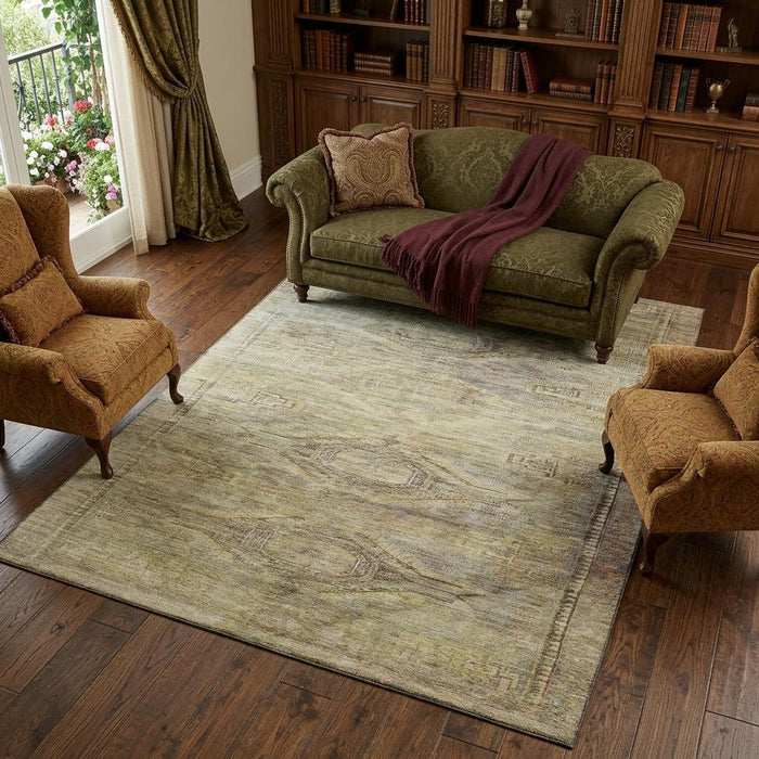 10' X 14' Abstract Geometric Washable Area Rug With UV Protection (695372) - Artichoke Green / Gold / Beige
