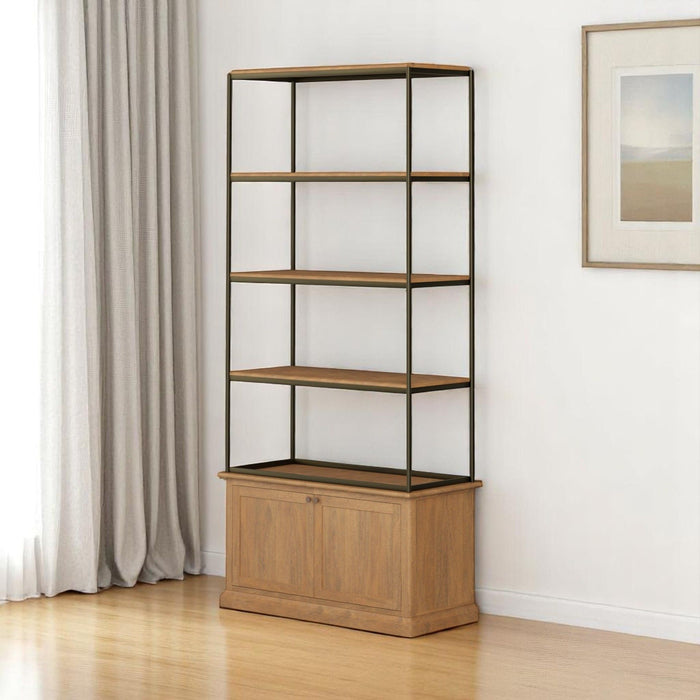 Four Tier Bookcase With Two Doors - Antiqued Brass / Light Brown