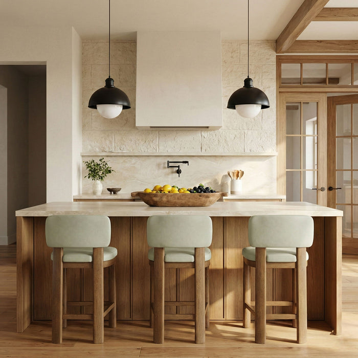 Set of two Meridian Furniture Paloma faux leather counter stools with brown frames, featuring padded upholstered seats and backrests.