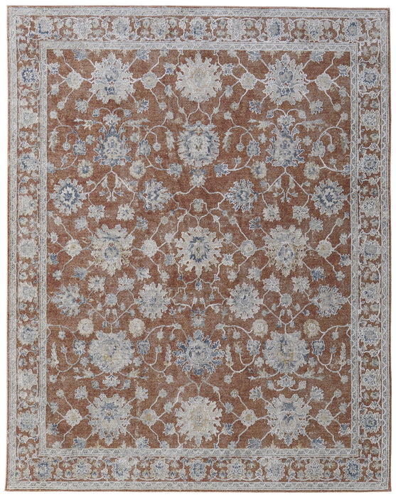 7' x 10' Floral Power Loom Worn Faded Area Rug With Fringe - Red Blue And Ivory