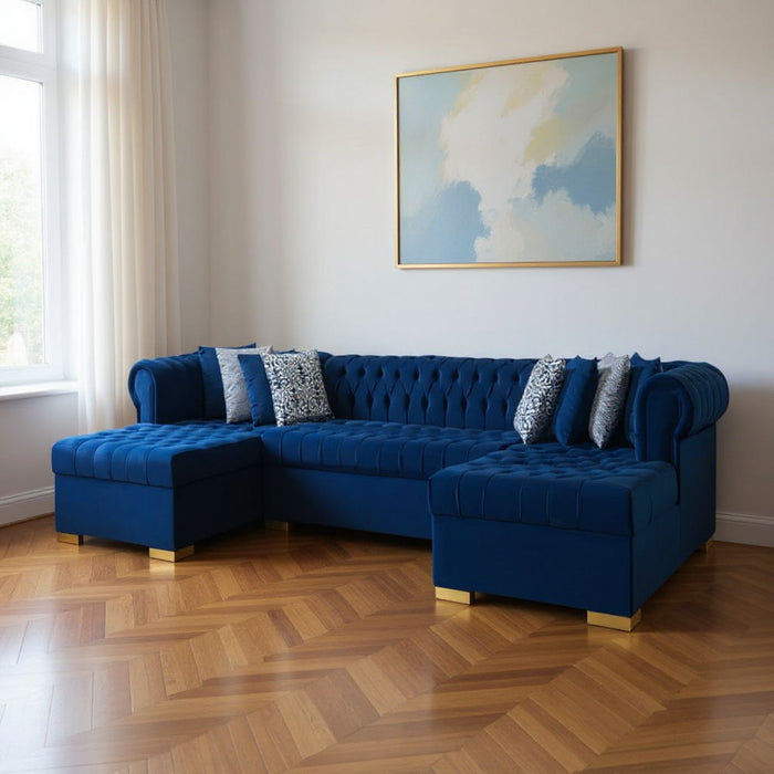 Velvet U Shaped Three Piece Sofa Chaise Sectional With Toss Pillows - Blue
