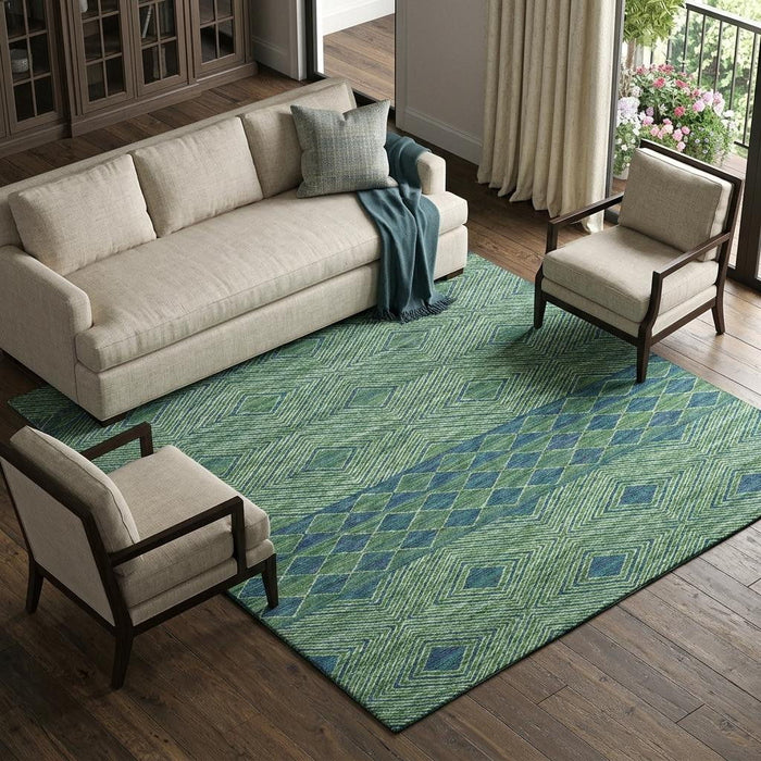 10' X 14' Geometric Washable Area Rug With UV Protection (644766) - Green / Navy Blue