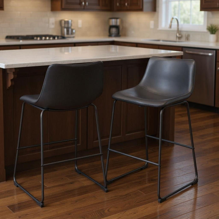 29" Transitional Faux Leather And Steel Counter Height Bar Chairs (Set of 2) - Black
