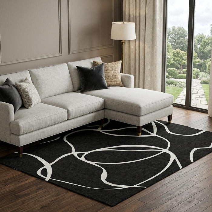 10' X 14' Abstract Washable Area Rug With UV Protection (678622) - Black / Ivory
