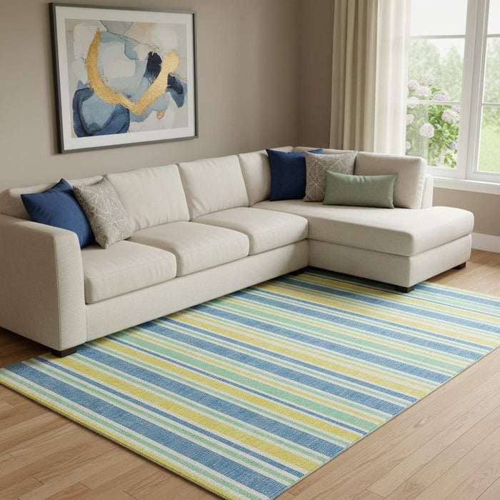 9' X 12' Striped Washable Area Rug With UV Protection (647895) - Yellow / Blue