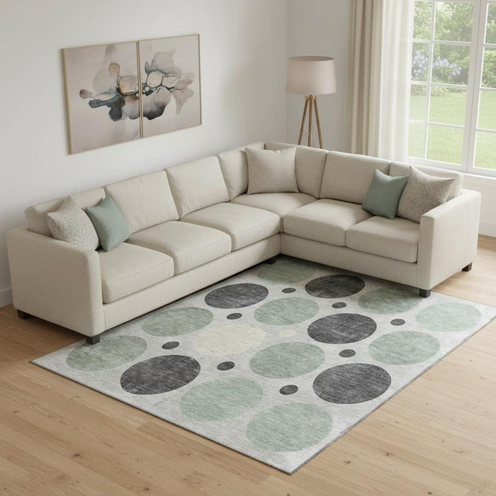 10' X 14' Geometric Washable Area Rug With UV Protection (709174) - Sage / Charcoal / Ivory