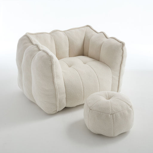 Giga soft bean bag chair with high resilient foam, shown with matching ottoman, plush fabric and comfortable seating.