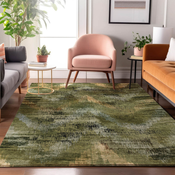 9' X 12' Abstract Washable Area Rug With UV Protection - Olive Green And Charcoal