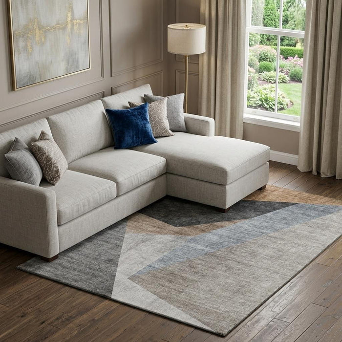 8' X 10' Geometric Washable Area Rug With UV Protection (657471) - Taupe / Blue / Beige