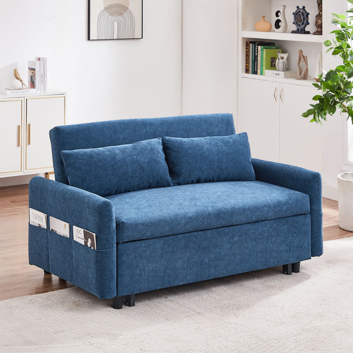 Giga pull-out sleeper sofa with adjustable backrest, storage pockets, two pillows, and USB ports, ideal for living rooms and bedrooms.