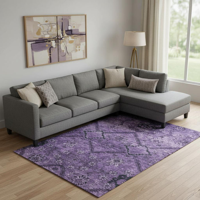 10' X 14' Floral Washable Area Rug With UV Protection (667240) - Eggplant / Gray