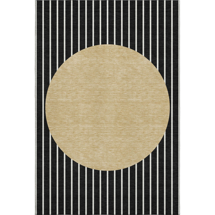 10' X 14' Striped Washable Area Rug With UV Protection (678275) - Black / Ivory / Gold