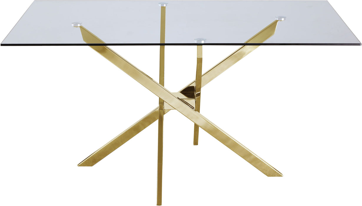 Modern Xander dining table by Meridian Furniture with sleek wooden surface and sturdy metal legs, ideal for contemporary dining rooms.