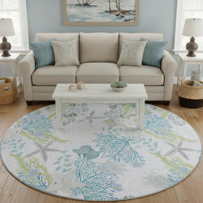 8' Geometric Washable Round Rug With UV Protection (645693) - Aqua / Ivory / Green