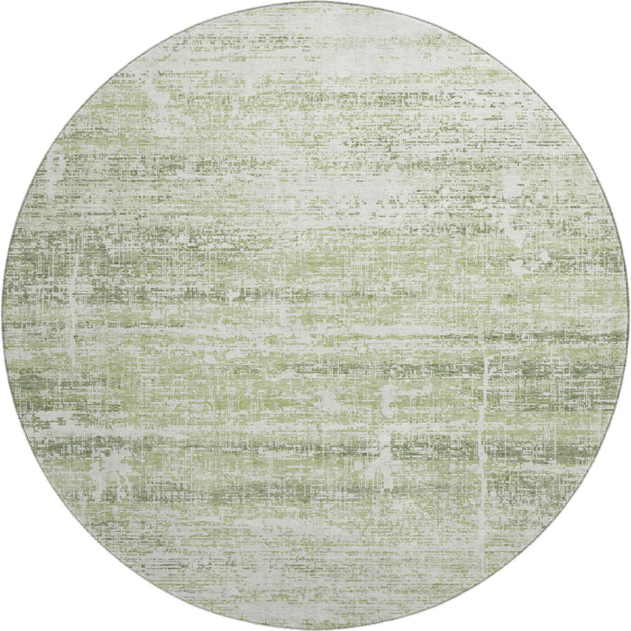 8' Abstract Washable Round Rug With UV Protection - Artichoke Green / Ivory