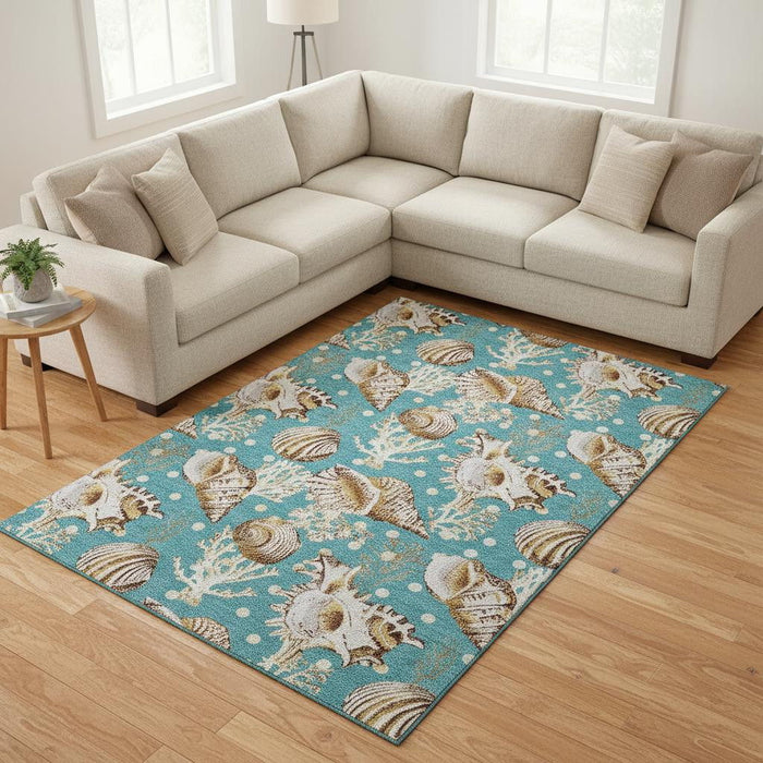 10' X 14' Geometric Washable Area Rug With UV Protection (645828) - Aqua / Ivory / Beige
